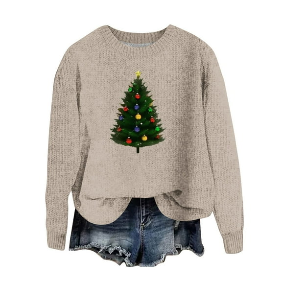 Funny Christmas Sweaters for Women - Sweater Women, Women's Xmas Sweaters Christmas Tree Print Sweater Round Neck Long Sleeve Pullover Sweater Tops