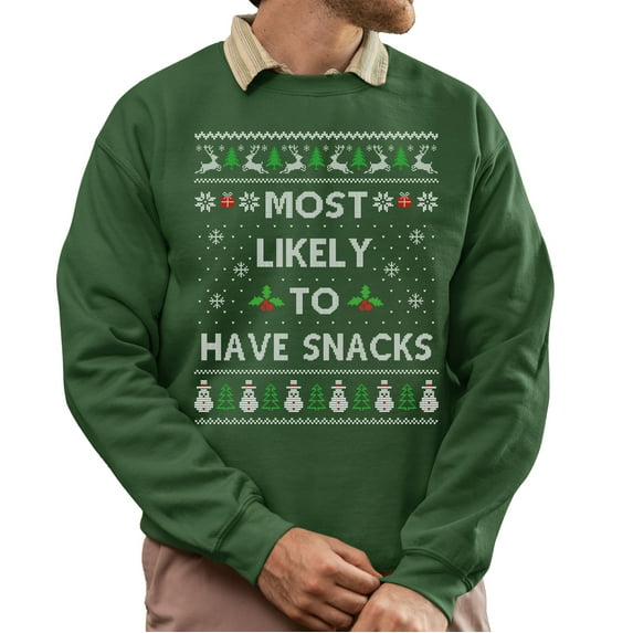 Funny Christmas Sweatshirt, Most Likely To Have Snacks Ugly Christmas Sweater, Text Xmas Sweater