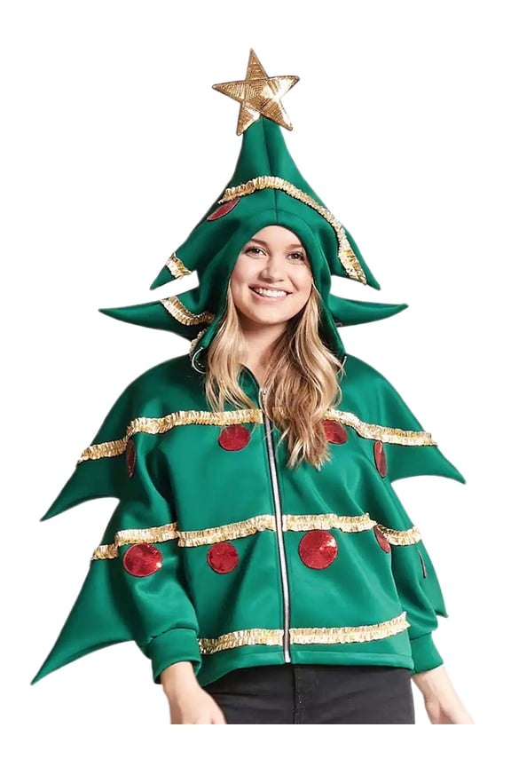 Funny Christmas Tree Costume for Women Men Sequins Green Christmas Tree Costumes Hoodies Sweatshirts Ugly Christmas Sweaters Christmas Cosplay Outfit