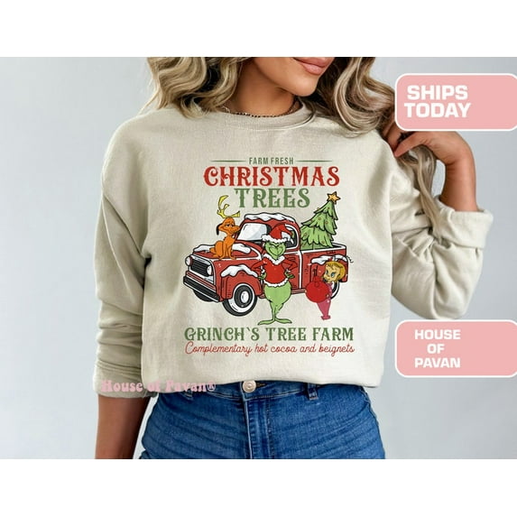 Funny Christmas Tree Farm Sweatshirt, Vintage Holiday Crewneck, Oversized Xmas Sweater for Women