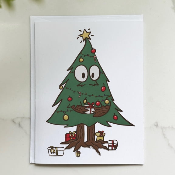 Funny Christmas Tree Greeting Card, Cartoon Holiday Note, Festive Xmas Tree with Gifts, Holiday Season Card for Friends and Family, Illustrated Christmas Stationery