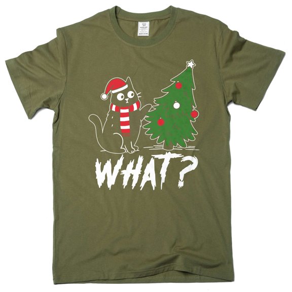 Funny Christmas Tree What Cat T-shirt humorous Xmas Pet Tee Shirt (Medium Military Green)