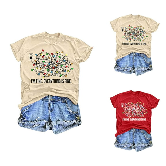 Funny Christmas Tshirt for Women Short Sleeve Crewneck I'm Fine Everything Is Fine Graphic Tees