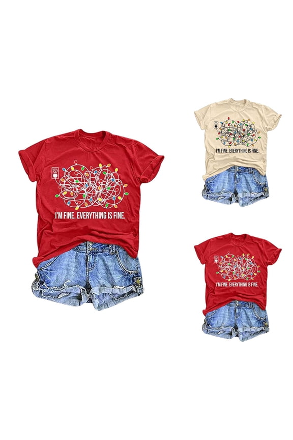 Funny Christmas Tshirt for Women Short Sleeve Crewneck I'm Fine Everything Is Fine Graphic Tees