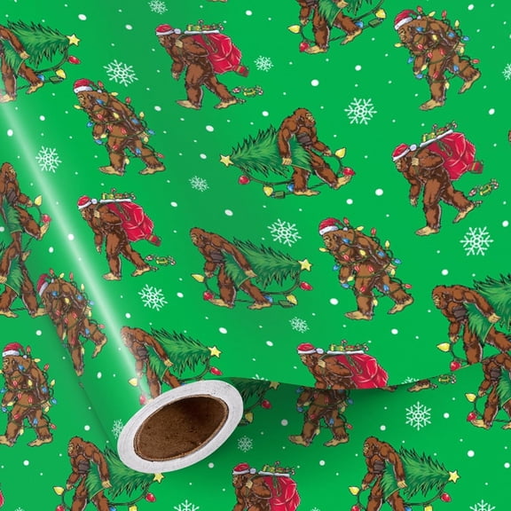 Funny Christmas Wrapping Paper with Gorilla Santa Hat & Snowflakes Design - 58x23 Inch Large Green Gift Wrap Roll with Brown Gorillas Carrying Tree & Presents, Durable Polypropylene for Men, Friend