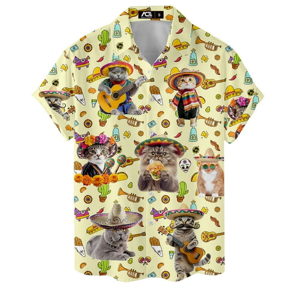 Funny Cinco De Mayo Cat Hawaiian Shirt For Men Casual Vintage Taco Mens Hawaiian Shirts Short Sleeve Button Down Shirt Men