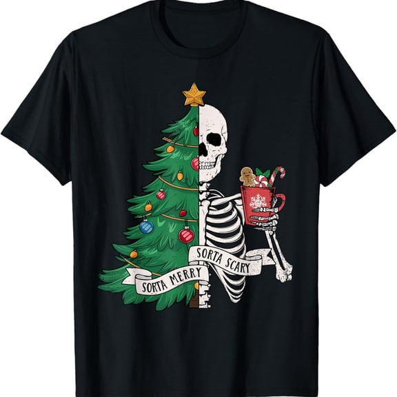 Funny Cistmas Sorta Merry Sorta Scary Skeleton Xmas Tree T-Shirt