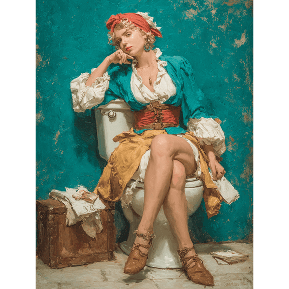 Funny Classical Lady Toilet Canvas Print, Modern Bathroom Humor Art, Housewarming Gift