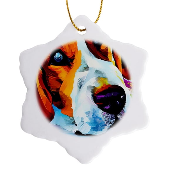 3drose, Funny Close up Portrait of a Cute Beagle Dog. Family Friendly Gift, 3 inch Snowflake Porcelain Ornament