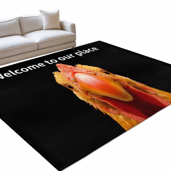 Funny Cock Area Rug, Welcome to Our Place Non-Slip Felt Rubber Backing Rectangle Indoor Carpet Washable Rugs for Living Room Bedroom 4x6ft
