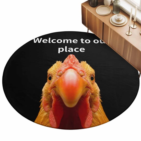 Funny Cock Area Rug, Welcome to Our Place Non-Slip Felt Rubber Backing Round Indoor Carpet Washable Rugs for Living Room Bedroom 3ft
