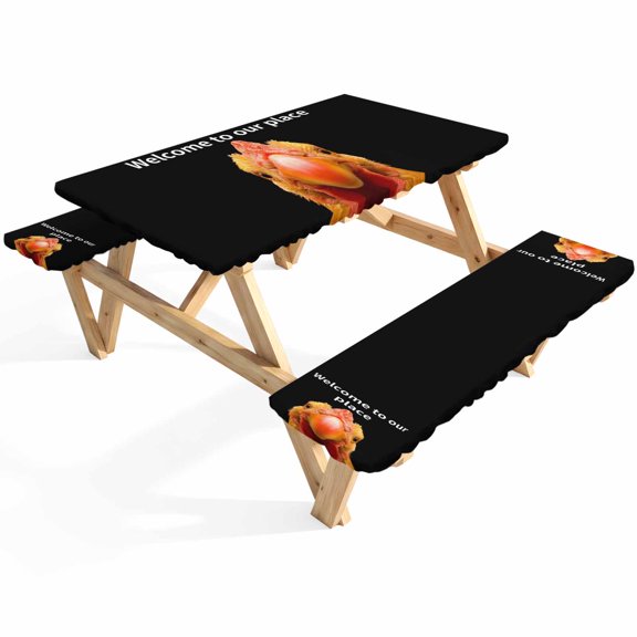 Funny Cock Picnic Table Cover with Bench Covers Welcome to Our Place Waterproof Fitted Picnic Tablecloth 3 Pieces Set Table Cloth for Outdoor Camping Garden BBQ