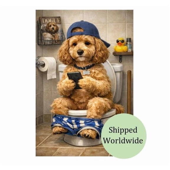 Funny Cockapoo Dog Toilet Phone Print – Cockerpoo In Blue Pyjamas Bathroom Wall Art Sign Poster, Poster Only