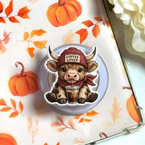 Funny Coffee Addict Highland Cow Phone Grip, Cute Farm Animal Aesthetic Magnetic Kickstand Holder
