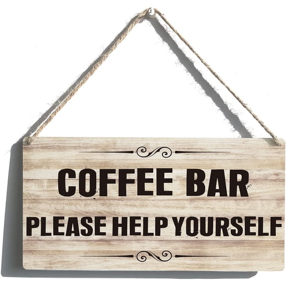 Funny Coffee Bar Signs Gift Farmhouse Coffee Bar Please Help Yourself Wooden Hanging Sign Rustic Wall Art Home Kitchen Decoration 10x5 Inch