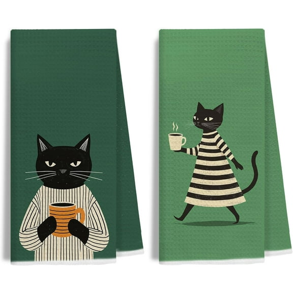 Funny Coffee Black Cat Coffee Kitchen Towels Decorative, Mid Century Modern Striped Cat Lover Dish Hand Tea Towels for Kitchen, 18x26 Inches Set of 2