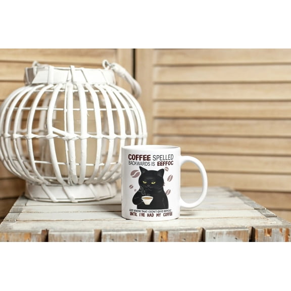 Funny Coffee Cat Mug — “EEFFOC Is Coffee Spelled Backwards” 11oz Cute Cup