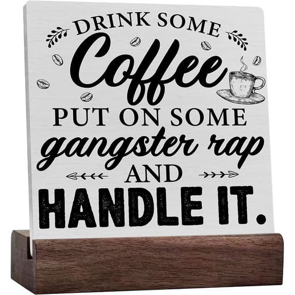 Funny Coffee Ceramic Table Sign Desk Decor, Rustic Drink Some Coffee Wood Sign Home Office Kitchen Tabletop Shelf Desk Decoration