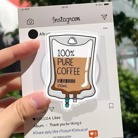 Funny Coffee IV Drip Phone Grip, 100% Pure Caffeine , Caffeine Addict Gift Phone Stand, Humorous Barista Accessory, Gift for Her
