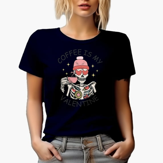 Funny Coffee Is My Valentine with a Skeleton, Retro Valentine's Day Gift, Navy Blue T-Shirt, XL