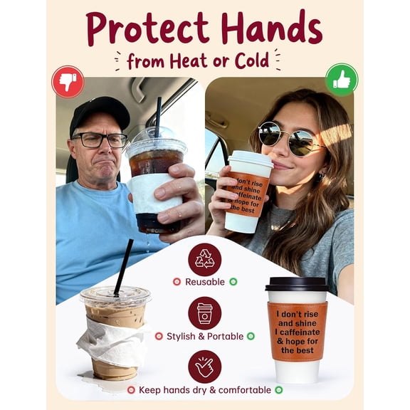 Funny Coffee Lover Gifts for Women Men Coworkers, Morning Humor Caffeine Gift for Teachers Nurses Students, Reusable Leather Coffee Sleeve Cup Holder for Daily Coffee Runs