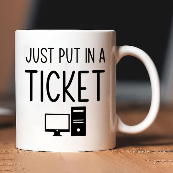 Funny IT Coffee Mug 1pc Funny IT Computer Geek Insulated Ceramic Coffee Mug Just Put In a Ticket Slogan Tech Icons Reusable White Ceramic Mug Washable