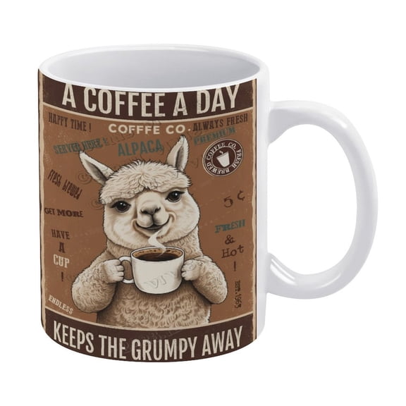 Funny Coffee Mug - Alpaca Decor Coffee A Coffee A Day Keeps The Grumpy Away Coffee Ceramic Mug Porcelain Latte Tea Cup - 330 ml / 11 oz White Ceramic Mug
