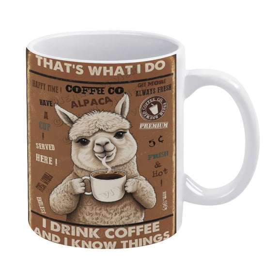 Funny Coffee Mug - Alpaca Decor I Drink Coffee And I Know Things Ceramic Mug Coffee Mug with Gift Box Latte Mug Coffee Cup, 330 ml / 11 oz White