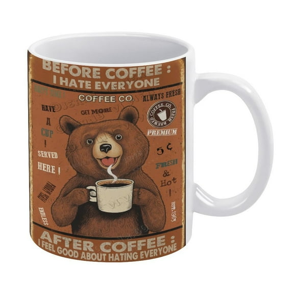 Funny Coffee Mug - Bear Decor Before Coffee I Hate Everyone Coffee Cups Ceramic Coffee Mugs, Unique Latte Tea Cup for Office and Home, Gifts for Men and Women - 330 ml / 11 oz White
