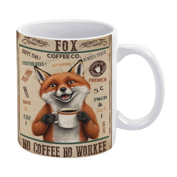 Funny Coffee Mug - Fox Decor Coffee No Coffee No Workee Ceramic Coffee Mugs, 330 ml / 11 oz White Porcelain Mug for Coffee, Tea, Milk, Hot Chocolate