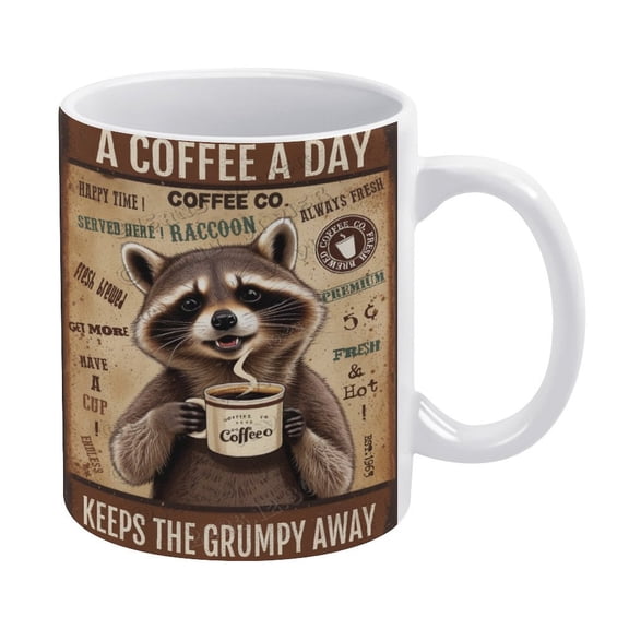 Funny Coffee Mug - Raccoon Decor Coffee A Coffee A Day Keeps The Grumpy Away Coffee Ceramic Mug Porcelain Latte Tea Cup - 330 ml / 11 oz White Ceramic Mug