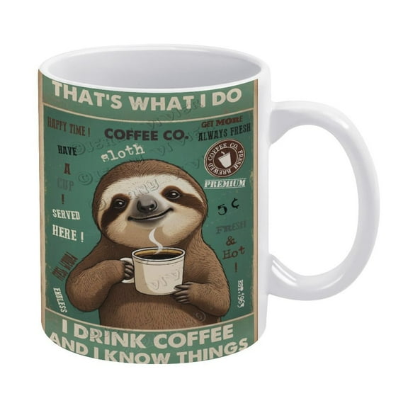 Funny Coffee Mug - Sloth Decor I Drink Coffee And I Know Things Ceramic Mug Coffee Mug with Gift Box Latte Mug Coffee Cup, 330 ml / 11 oz White