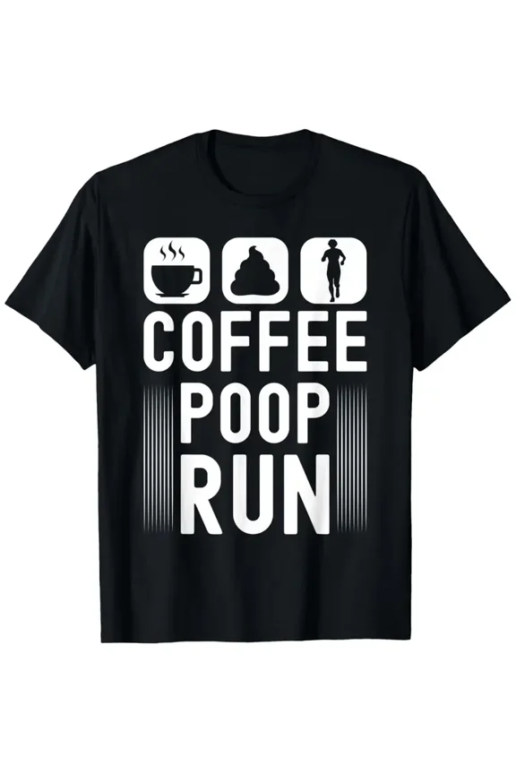 Funny Coffee Poop Run Trail Running T-Shirt - Humorous Coffee & Poop Icons with Slogan, Lightweight Short Sleeve Tee for,, Gym - All-Season Fit for & (Black/White)