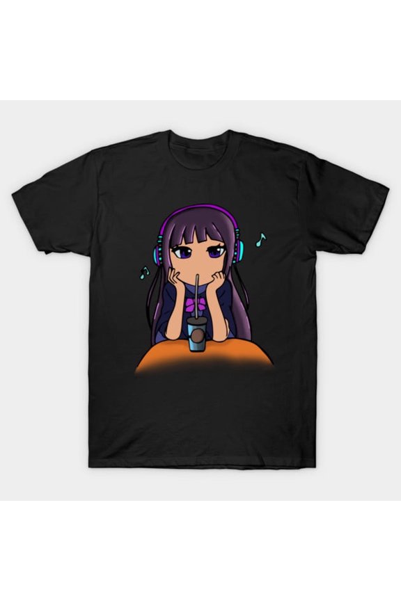 Funny Coffee Shop Girl Lo-Fi Music Headphones Relax Study Artwork Print, K51513 Unisex T-Shirt – Extended Sizes Up to 5XL