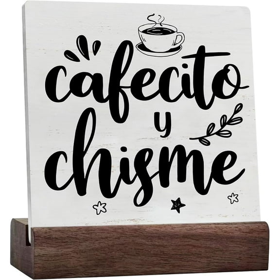 Funny Coffee Sign Coffee Lover Ceramic Table Sign Cafecito Y Chisme Desk Decorative Wooden Sign Kitchen Coffee Station Decor for Desk Table Shelf