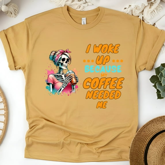 Funny Coffee Skeleton T-Shirt | Sarcastic Morning Graphic Tee, Gold, Size L