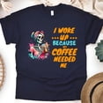 thumbnail image 1 of Funny Coffee Skeleton T-Shirt | Sarcastic Morning Graphic Tee, Navy, Size S, 1 of 6