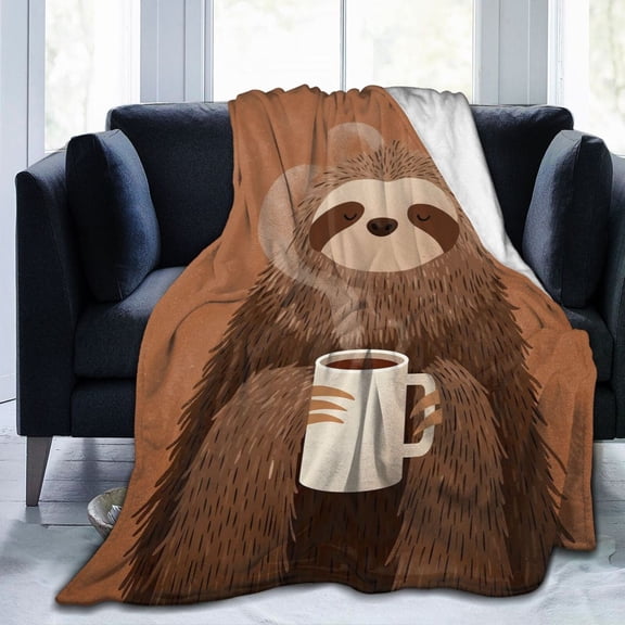 Funny Coffee Sloth Throw Blanket, Humor Art Soft Flannel Fleece for Couch Sofa Bed, Office Decor and Gift 50x40
