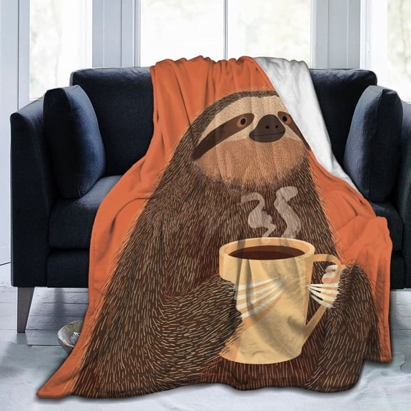 Funny Coffee Sloth Throw Blanket, Humor Art Soft Flannel Fleece for Couch Sofa Bed, Office Decor and Gift 50x40