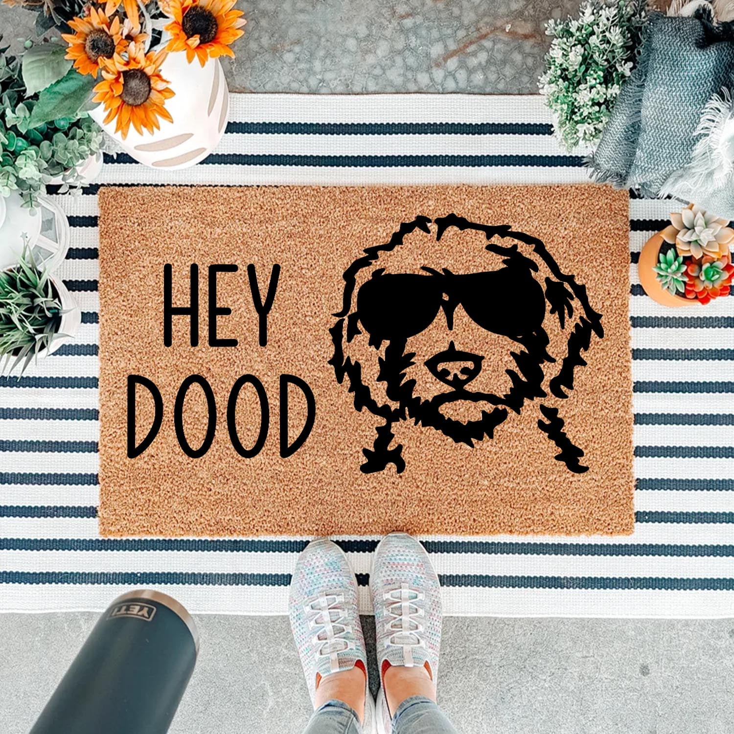 Funny Coir Doormat Hey Dood Golden Doodle Dog Welcome Front Porch Decor Doormat for The Entrance Way Personalized Rugs with Heavy-Duty PVC Backing Non Slip Outdoor Coir Doormat 23.6 x 15.7 inch