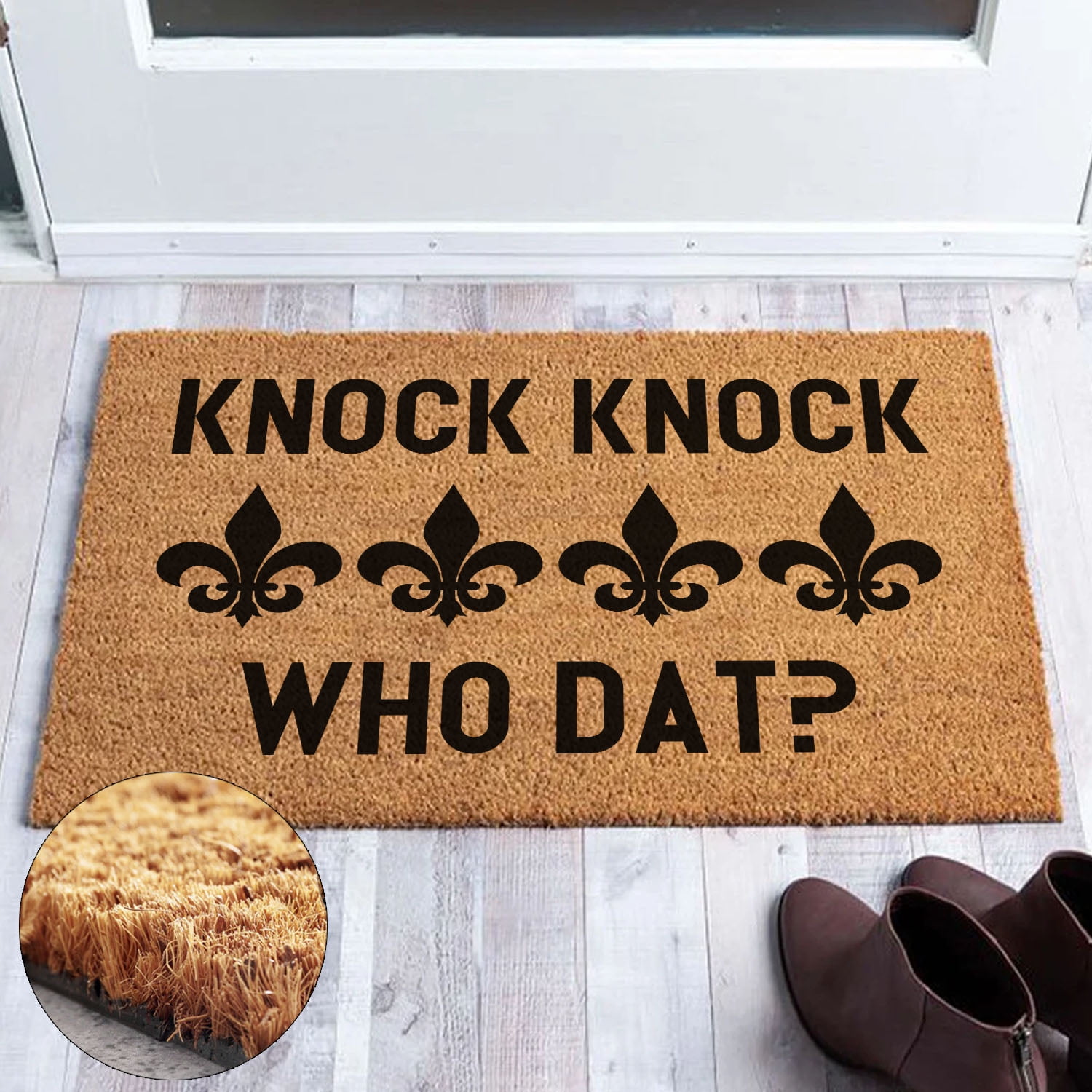 Funny Coir Doormat Knock Knock Who Dat Fleur de lis Welcome Front Porch Decor Doormat For The Entrance Way Indoor & Outdoor Personalized Rugs PVC Backing Non Slip Outdoor Coir Doormat 23.6 x 15.7inch