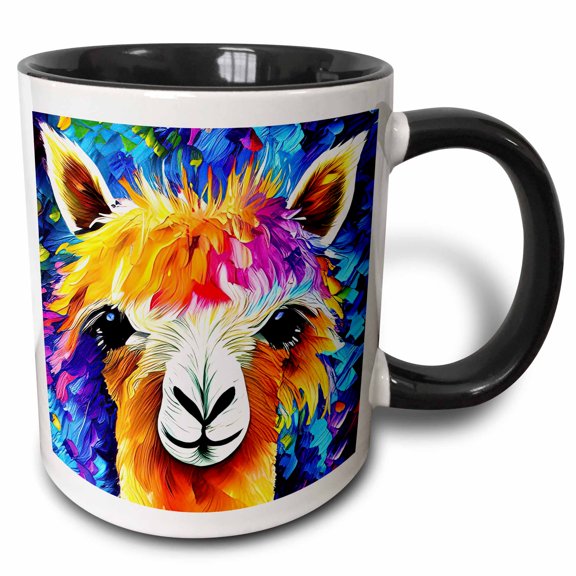 3drose, Funny Colorful Alpaca Animal on Blue. Stylish Digital Painting Gift, 15oz Two-tone Black Mug