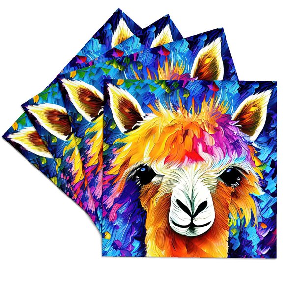 3drose, Funny Colorful Alpaca Animal on Blue. Stylish Digital Painting Gift, Set of 4 Ceramic Tile Coasters