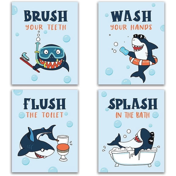 Funny Colorful Cartoon Sea Life Themed Shark Bathroom Decor Rules Wall Art Print Painting, Sea Bathroom Rules Wall Art for Kids, Girls Boys, Nursery, Wash Brush Flush, 4set 8”X10” No Frame