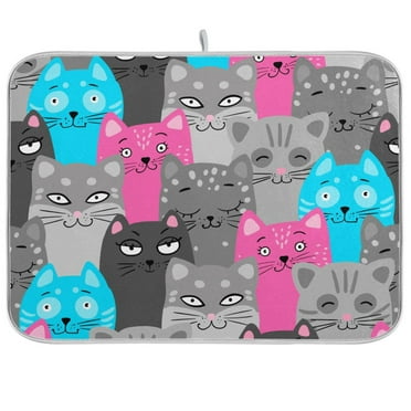 Funny Colorful Cats Dish Drying Mat Microfiber Kitchen Mats Large Counter Absorbent Dish Pad Drainer Rack 16"x18"