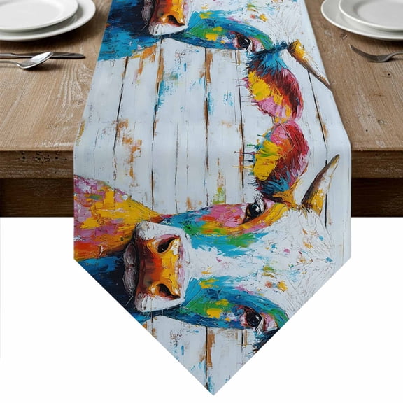 Funny Colorful Cow Table Runner Linen Burlap Table Runner 36 Inches Small Retro Rustic Oil Painting Wood Grain Dresser Scarves for Kitchen Island Coffee Dining Party Wedding Holiday Decor 13"x36"