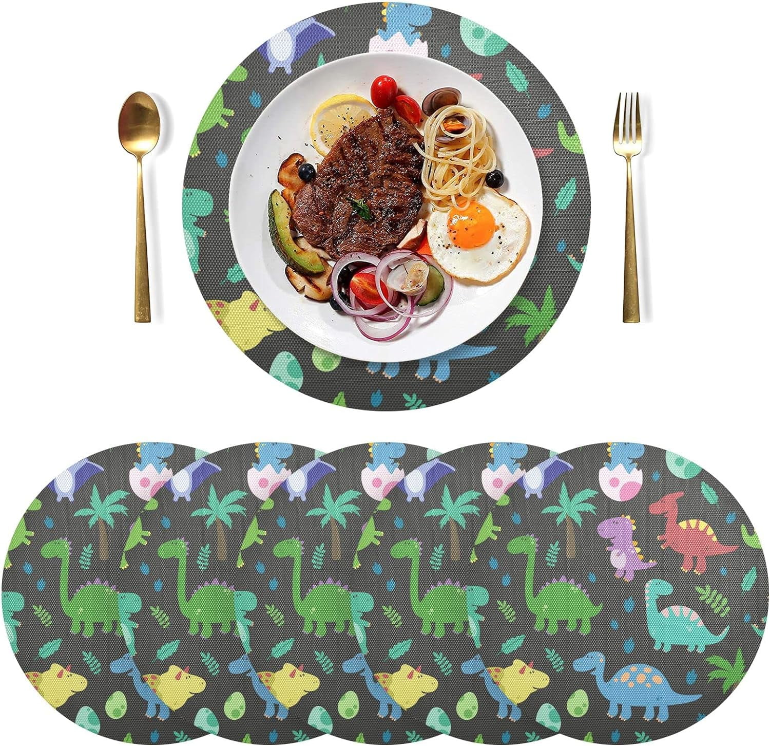 Funny Colorful Dinosaurs Footprins Eggs Palm Round Place Mats Set of 6