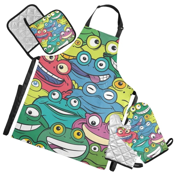 Funny Colorful Frog Face 5 Pcs Kitchen Set Heat Resistant Oven Mitts and Non-Slip Pot Holders with Adjustable Cooking Apron