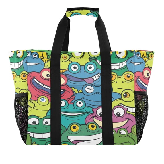 Funny Colorful Frog Face Reusable Grocery Bags with Handle Side Pocket Waterproof Shopping Portable Tote