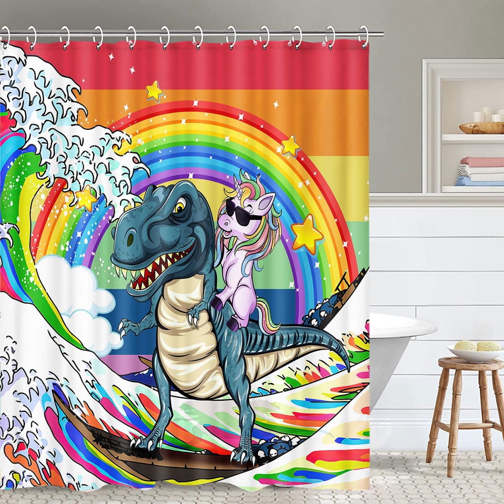Funny Colorful Rainbow Shower Curtain for Kids, Cool Unicorn Rode ...